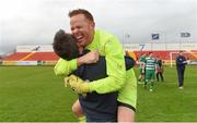 9 April 2017; Evergreen FC player manager Parick Holden, celebrates with a supporter at the end of the FAI Junior Cup Semi Final match in association with Aviva and Umbro between Boyle Celtic and Evergreen FC at The Showgrounds, in Sligo. Photo by David Maher/Sportsfile