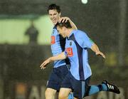 30 September 2011; UCD's David O'Conor celebrates with team-mate Stephen Doyle after scoring his side's first goal. Airtricity League Premier Division, UCD v Dundalk, The UCD Bowl, Belfield, Dublin. Picture credit: Barry Cregg / SPORTSFILE