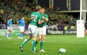 2 October 2011; Ireland's Keith Earls is congratulated on scoring his side's second try by team-mate Andrew Trimble. 2011 Rugby World Cup, Pool C, Ireland v Italy, Otago Stadium, Dunedin, New Zealand. Picture credit: Brendan Moran / SPORTSFILE