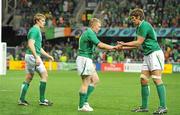 2 October 2011; Ireland's Keith Earls is congratulated on scoring his side's second try by team-mate Donncha O'Callaghan. 2011 Rugby World Cup, Pool C, Ireland v Italy, Otago Stadium, Dunedin, New Zealand. Picture credit: Brendan Moran / SPORTSFILE