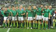2 October 2011; The Ireland squad celebrate with their competitors medals, given to every squad on the completion of the pool stages, after the game. 2011 Rugby World Cup, Pool C, Ireland v Italy, Otago Stadium, Dunedin, New Zealand. Picture credit: Brendan Moran / SPORTSFILE
