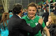 2 October 2011; Ireland captain Brian O'Driscoll celebrates with defence coach Les Kiss after the game. 2011 Rugby World Cup, Pool C, Ireland v Italy, Otago Stadium, Dunedin, New Zealand. Picture credit: Brendan Moran / SPORTSFILE