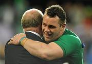 2 October 2011; Ireland's Cian Healy celebrates with head coach Declan Kidney after the game. 2011 Rugby World Cup, Pool C, Ireland v Italy, Otago Stadium, Dunedin, New Zealand. Picture credit: Brendan Moran / SPORTSFILE