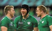 2 October 2011; The Ireland back row of Sean O'Brien, Stephen Ferris and Jamie Heaslip after the game. 2011 Rugby World Cup, Pool C, Ireland v Italy, Otago Stadium, Dunedin, New Zealand. Picture credit: Brendan Moran / SPORTSFILE