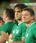 2 October 2011; Ireland captain Brian O'Driscoll and scrum-half Conor Murray watch as Jonathan Sexton converts Keith Earls second try of the game in the final minute. 2011 Rugby World Cup, Pool C, Ireland v Italy, Otago Stadium, Dunedin, New Zealand. Picture credit: Brendan Moran / SPORTSFILE