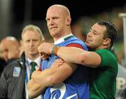 2 October 2011; Ireland's Cian Healy with Paul O'Connell in the final moments of the game. 2011 Rugby World Cup, Pool C, Ireland v Italy, Otago Stadium, Dunedin, New Zealand. Picture credit: Brendan Moran / SPORTSFILE