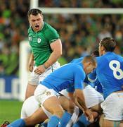 2 October 2011; Cian Healy, Ireland, reacts to an incident in a ruck during the first half. 2011 Rugby World Cup, Pool C, Ireland v Italy, Otago Stadium, Dunedin, New Zealand. Picture credit: Brendan Moran / SPORTSFILE