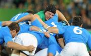 2 October 2011; Ireland's Mike Ross under pressure in the scrum. 2011 Rugby World Cup, Pool C, Ireland v Italy, Otago Stadium, Dunedin, New Zealand. Picture credit: Brendan Moran / SPORTSFILE
