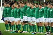 2 October 2011; The Ireland squad stand together for the national anthem before the game. 2011 Rugby World Cup, Pool C, Ireland v Italy, Otago Stadium, Dunedin, New Zealand. Picture credit: Brendan Moran / SPORTSFILE