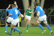 2 October 2011; Ireland out-half Ronan O'Gara kicks for touch against Italy. 2011 Rugby World Cup, Pool C, Ireland v Italy, Otago Stadium, Dunedin, New Zealand. Picture credit: Brendan Moran / SPORTSFILE