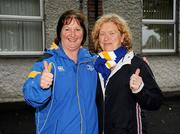 1 October 2011; Leinster supporters Anne Thornburgh, from Loughlinstown, Dublin, left, and Deirdre Davis, from Naas, Co. Kildare, at the game. Celtic League, Leinster v Aironi, RDS, Ballsbridge, Dublin. Picture credit: Diarmuid Greene / SPORTSFILE