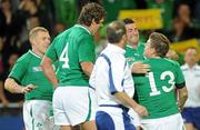 2 October 2011; Ireland's Brian O'Driscoll celebrates his try with team-mates Keith Earls, Donncha O'Callaghan and Rob Kearney. 2011 Rugby World Cup, Pool C, Ireland v Italy, Otago Stadium, Dunedin, New Zealand. Picture credit: Brendan Moran / SPORTSFILE