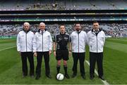 9 April 2017; Referee Derek O'Mahoney with his officials ahead of the Allianz Football League Division 2 Final between Kildare and Galway at Croke Park in Dublin. Photo by Ramsey Cardy/Sportsfile