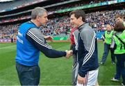 9 April 2017; Galway manager Kevin Walsh shakes hands with Michael Meehan following the Allianz Football League Division 2 Final between Kildare and Galway at Croke Park in Dublin. Photo by Ramsey Cardy/Sportsfile