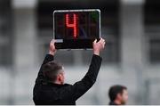 9 April 2017; An official signals 4 minutes of injury time during the Allianz Football League Division 2 Final between Kildare and Galway at Croke Park in Dublin. Photo by Ramsey Cardy/Sportsfile