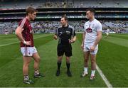 9 April 2017; Referee Derek O'Mahoney with captains Gary O'Donnell of Galway and Eóin Doyle of Kildare during the Allianz Football League Division 2 Final between Kildare and Galway at Croke Park in Dublin. Photo by Ramsey Cardy/Sportsfile