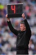 9 April 2017; The sideline official signals 4 minutes of additional time during the Allianz Football League Division 2 Final match between Kildare and Galway at Croke Park in Dublin. Photo by Stephen McCarthy/Sportsfile