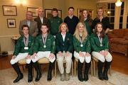 1 October 2011; In attendance at a young rider eventing European Championship team Prize giving ceremony are back row from left, Team Sponsor Tom McGuinness, Horseware Ireland, Show Jumping trainer Ian Fearon, Young Rider Shane Power, Sallins, Co. Kildare, team Veterinarian Will Lawlor, Young Rider Alex Houston, Portrush, Co. Antrim and Dressage coach Heike Holstein. Front row from left, Young Rider David Hanigan, Clonmel Co. Tipperary, Peter Hanigan, Clonmel, Co. Tipperary, Team Manager Sally Corscadden, Young Rider Melaine Young, Maynooth, Co. Kildare and Young Rider Alex Donoghue, Gorey, Co. Wexford. Tattersalls House, Ratoath, Co. Meath. Picture credit: Barry Cregg / SPORTSFILE