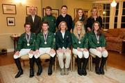 1 October 2011; In attendance at a young rider eventing European Championship team Prize giving ceremony are, back row from left; Show Jumping trainer Ian Fearon, Young Rider Shane Power, Sallins, Co. Kildare, team Veterinarian Will Lawlor, Young Rider Alex Houston, Portrush, Co. Antrim, and Dressage coach Heike Holstein. Front row from left; Young Rider David Hanigan, Clonmel Co. Tipperary, Young Rider Peter Hanigan, Clonmel, Co. Tipperary, Team Manager Sally Corscadden, Young Rider Melaine Young, Maynooth, Co. Kildare, and Young Rider Alex Donoghue, Gorey, Co. Wexford. Tattersalls House, Ratoath, Co. Meath. Picture credit: Barry Cregg / SPORTSFILE