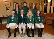 1 October 2011; The Young Rider eventing European Championship team at the Prize giving ceremony are, back row from left; Young Rider David Hanigan, Clonmel Co. Tipperary,Young Rider Shane Power, Sallins, Co. Kildare, Young Rider Alex Houston, Portrush, Co. Antrim, with, front row from left; Young Rider Peter Hanigan, Clonmel, Co. Tipperary, Team Manager Sally Corscadden, Young Rider Melaine Young, Maynooth, Co. Kildare, and Young Rider Alex Donoghue, Gorey, Co. Wexford. Tattersalls House, Ratoath, Co. Meath. Picture credit: Barry Cregg / SPORTSFILE