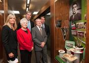 3 October 2011; The FAI unveiled a commemorative display in honour of former international Arthur Fitzsimons at the FAI Headquarters. At the unveiling of his display are Arthur Fitzsimons and his wife Val, along with his daughter Maureen and son in-law Dermot and Chief Executive of the FAI John Delaney. FAI Headquarters, Abbotstown, Dublin. Picture credit: Barry Cregg / SPORTSFILE