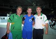 3 October 2011; John Joe Nevin, Cavan B.C., representing Ireland, with coaches Zaur Antia, left, and Billy Walsh following his 56kg bout victory over Akhil Kumar, India. Nevin advanced to the Last 16 with a 21-14 victory. 2011 AIBA World Boxing Championships - Last 32, John Joe Nevin v Akhil Kumar. Heydar Aliyev Sports and Exhibition Complex, Baku, Azerbaijan. Picture credit: Stephen McCarthy / SPORTSFILE