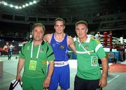 4 October 2011; Darren O'Neill, Paulstown B.C., Kilkenny, representing Ireland, with coaches Billy Walsh, right, and Zaur Antia following 75kg bout victory over Mladen Manev, Bulgaria. O'Neill's 19-12 victory ensured progression to the Quarter-Finals and also qualification for the London 2012 Olympic Games. 2011 AIBA World Boxing Championships - Last 16, Darren O'Neill v Mladen Manev. Heydar Aliyev Sports and Exhibition Complex, Baku, Azerbaijan. Picture credit: Stephen McCarthy / SPORTSFILE