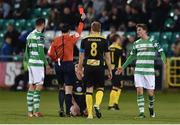 14 April 2017; John Russell of Sligo Rovers is shown a red card by referee Neil Doyle during the SSE Airtricity League Premier Division match between Shamrock Rovers and Sligo Rovers at Tallaght Stadium in Tallaght, Dublin. Photo by Matt Browne/Sportsfile
