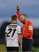14 April 2017; Referee Jim McKell shows a yellow card to Conor Clifford of Dundalk during the SSE Airtricity League Premier Division match between Dundalk and Bray Wanderers at Oriel Park in Dundalk, Co Louth. Photo by Piaras Ó Mídheach/Sportsfile