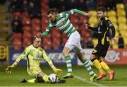 14 April 2017; Sean Boyd of Shamrock Rovers in action against goalkeeper Michael Schlingermann and defender Kyle McFadden of Sligo Rovers during the SSE Airtricity League Premier Division match between Shamrock Rovers and Sligo Rovers at Tallaght Stadium in Tallaght, Dublin. Photo by Matt Browne/Sportsfile