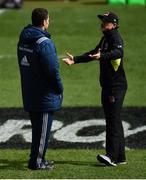 15 April 2017; Munster Director of Rugby Rassie Erasmus in conversation with Ulster Director of Rugby Les Kiss ahead of the Guinness PRO12 match between Munster and Ulster at Thomond Park in Limerick. Photo by Ramsey Cardy/Sportsfile