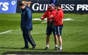15 April 2017; Munster Director of Rugby Rassie Erasmus, left, defence coach Jacques Nienaber, centre, and technical coach Felix Jones ahead of the Guinness PRO12 match between Munster and Ulster at Thomond Park in Limerick. Photo by Ramsey Cardy/Sportsfile