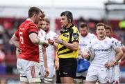 15 April 2017; Referee Marius Mitrea speaks with Peter O’Mahony of Munster and Andrew Trimble of Ulster during the Guinness PRO12 Round 20 match between Munster and Ulster at Thomond Park in Limerick. Photo by Diarmuid Greene/Sportsfile