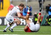 15 April 2017; Simon Zebo of Munster is tackled by Andrew Trimble of Ulster during the Guinness PRO12 match between Munster and Ulster at Thomond Park in Limerick. Photo by Ramsey Cardy/Sportsfile