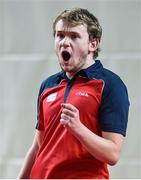 15 April 2017; Marcus Waerstad of Norway celebrates after his win against Colin Dalgleish of Scotland during the European Table Tennis Championships Final Qualifier match between Norway and Scotland at the National Indoor Arena in Dublin. Photo by Matt Browne/Sportsfile