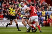 15 April 2017; Luke Marshall of Ulster is tackled by Donnacha Ryan and Niall Scannell of Munster during the Guinness PRO12 Round 20 match between Munster and Ulster at Thomond Park in Limerick. Photo by Diarmuid Greene/Sportsfile