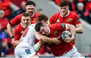 15 April 2017; Peter O’Mahony of Munster is tackled by Paddy Jackson of Ulster during the Guinness PRO12 match between Munster and Ulster at Thomond Park in Limerick. Photo by Ramsey Cardy/Sportsfile