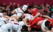15 April 2017; Hookers Rory Best of Ulster and Niall Scannell of Munster contest a scrum during the Guinness PRO12 match between Munster and Ulster at Thomond Park in Limerick. Photo by Ramsey Cardy/Sportsfile