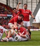 15 April 2017; Keith Earls of Munster is congratulated by team-mates Tommy O’Donnell, Niall Scannell and Abrie Griesel after scoring his side's second try during the Guinness PRO12 Round 20 match between Munster and Ulster at Thomond Park in Limeric Photo by Diarmuid Greene/Sportsfile