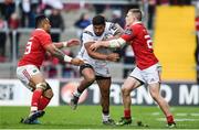 15 April 2017; Charles Piutau of Ulster is tackled by Francis Saili, left, and Andrew Conway of Munster during the Guinness PRO12 match between Munster and Ulster at Thomond Park in Limerick. Photo by Ramsey Cardy/Sportsfile