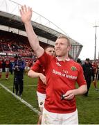 15 April 2017; Man of the match Keith Earls of Munster acknowledges supporters after the Guinness PRO12 Round 20 match between Munster and Ulster at Thomond Park in Limerick. Photo by Diarmuid Greene/Sportsfile