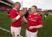 15 April 2017; Simon Zebo, left, and Keith Earls of Munster celebrate after the Guinness PRO12 Round 20 match between Munster and Ulster at Thomond Park in Limerick. Photo by Diarmuid Greene/Sportsfile