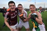 15 April 2017; Galway players Cein D'Arcy, Ronan O Beolain and Liam Kelly celebrate after the EirGrid GAA Football All-Ireland U21 Championship Semi-Final match between Galway and Kerry at Cusack Park in Ennis, Co Clare. Photo by Ray Ryan/Sportsfile