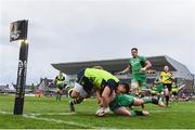 15 April 2017; Zane Kirchner of Leinster goes over to score his side's first try despite the attention of Finlay Bealham of Connacht during the Guinness PRO12 Round 20 match between Connacht and Leinster at the Sportsground in Galway. Photo by Stephen McCarthy/Sportsfile
