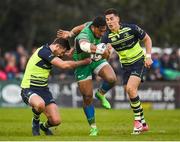 15 April 2017; Bundee Aki of Connacht is tackled by Ross Byrne, left, and Noel Reid of Leinster during the Guinness PRO12 Round 20 match between Connacht and Leinster at the Sportsground in Galway. Photo by Seb Daly/Sportsfile