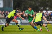 15 April 2017; Bundee Aki of Connacht is tackled by Ross Byrne, left, and Noel Reid of Leinster during the Guinness PRO12 Round 20 match between Connacht and Leinster at the Sportsground in Galway. Photo by Seb Daly/Sportsfile