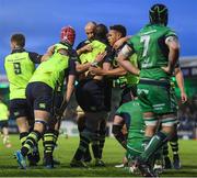 15 April 2017; Rhys Ruddock of Leinster is congratulated by team-mates after scoring his side's fourth try during the Guinness PRO12 Round 20 match between Connacht and Leinster at the Sportsground in Galway. Photo by Stephen McCarthy/Sportsfile