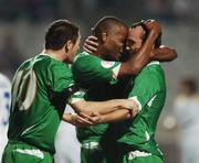 7 October 2006; Stephen Ireland, far right, Republic of Ireland, celebrates with team-mate's Robbie Keane and Clinton Morrison, after scoring his side's first goal. Euro 2008 Championship Qualifier, Cyprus v Republic of Ireland, GSP Stadium, Nicosia, Cyprus. Picture credit: David Maher / SPORTSFILE