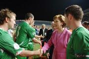 7 October 2006; The President Mary McAlesse is introduced to Aiden McGeady by team captain Robbie Keane before the start of the game. Euro 2008 Championship Qualifier, Cyprus v Republic of Ireland, GSP Stadium, Nicosia, Cyprus. Picture credit: David Maher / SPORTSFILE