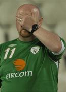 7 October 2006; A dejected Republic of Ireland fan after the match. Euro 2008 Championship Qualifier, Cyprus v Republic of Ireland, GSP Stadium, Nicosia, Cyprus. Picture credit: Brian Lawless / SPORTSFILE